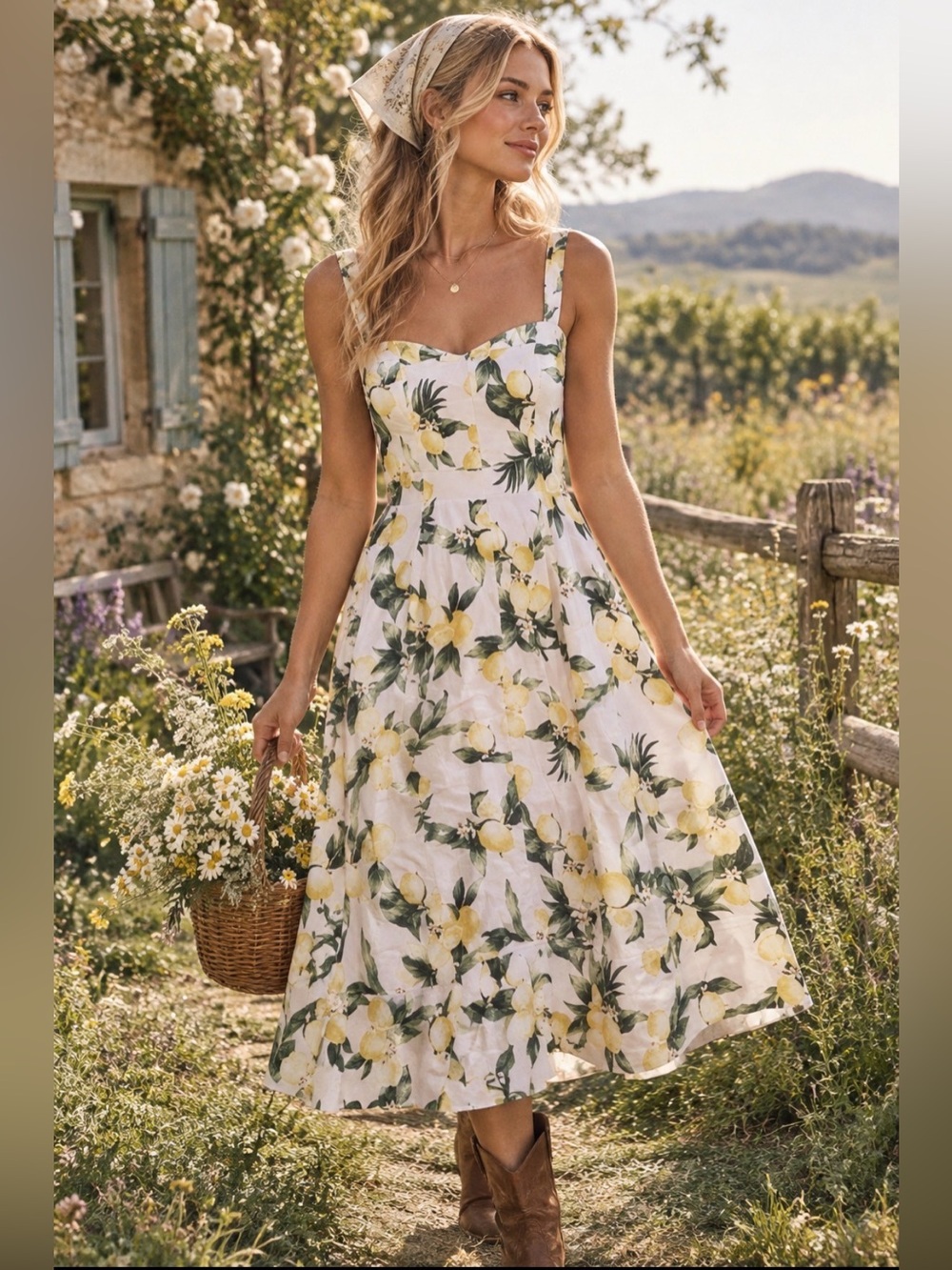 Avec Les Filles Lemon Print cottagecore prairie 
dress